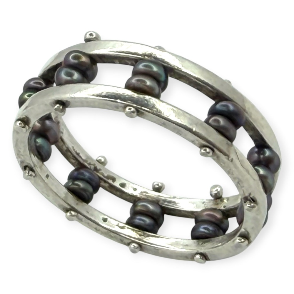 Vintage Abacus Ring Sterling Silver Size 7 Gray Peacock Pearl Double Rail Band